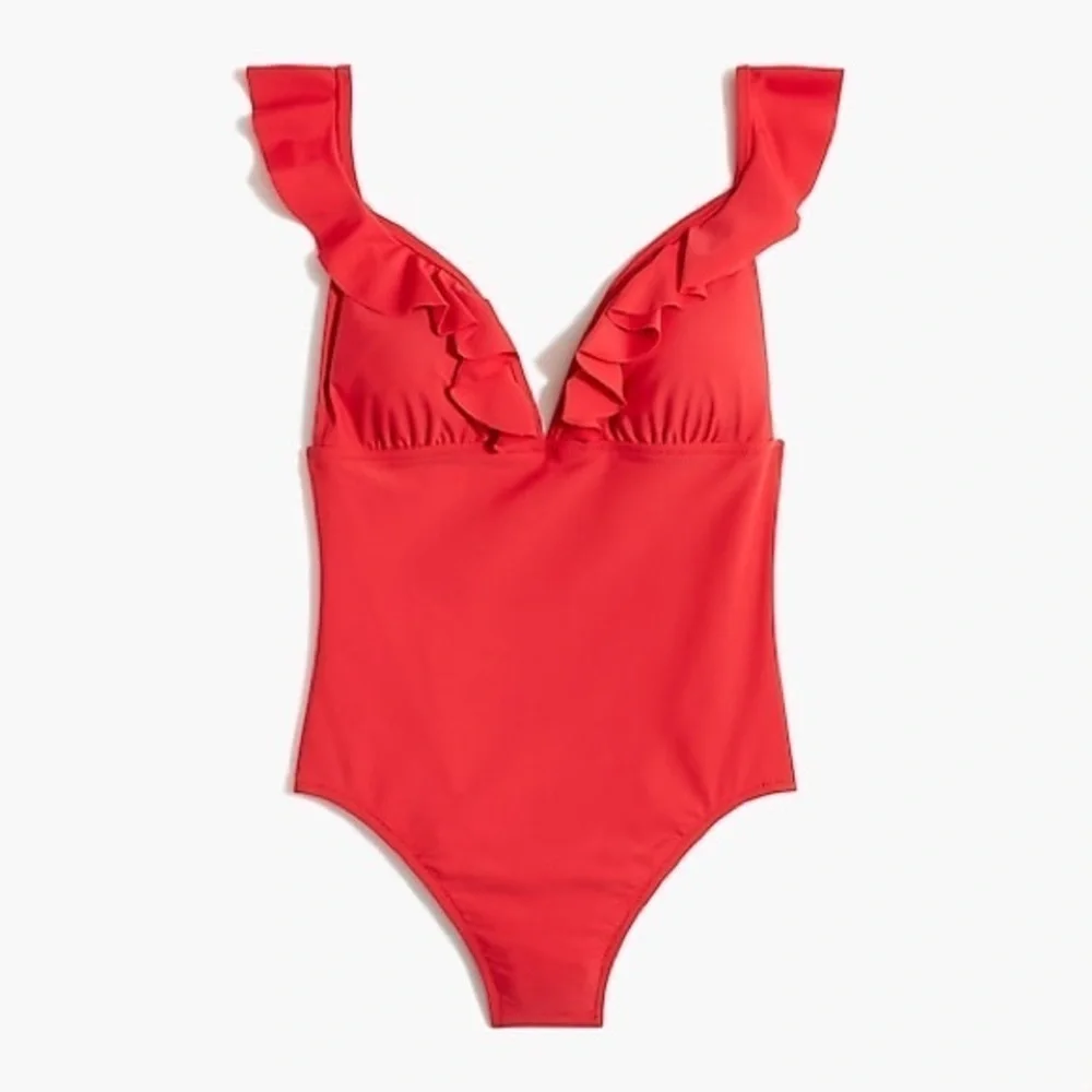 - J crew Ruffle-shoulder V-neck one-piece swimsuit.